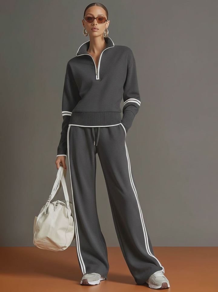 Half-Zip Sweatshirt & Wide-Leg Pants Set – Retro Sporty Webbing Two-Piece