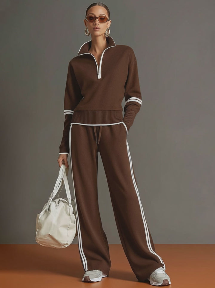 Half-Zip Sweatshirt & Wide-Leg Pants Set – Retro Sporty Webbing Two-Piece