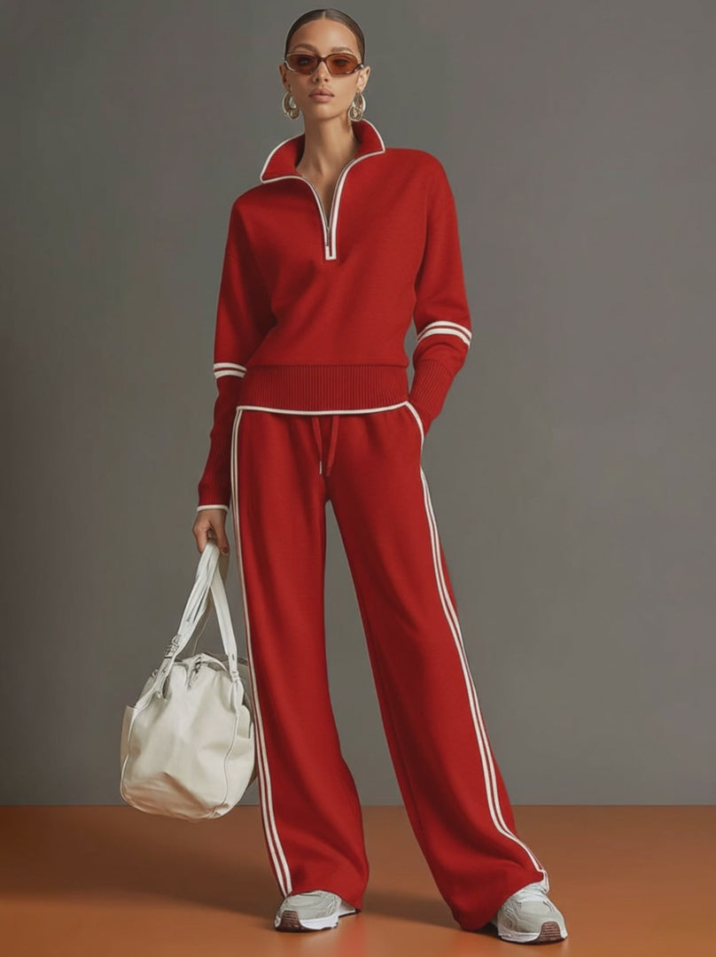 Half-Zip Sweatshirt & Wide-Leg Pants Set – Retro Sporty Webbing Two-Piece