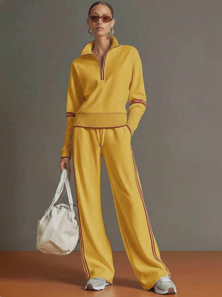 Half-Zip Sweatshirt & Wide-Leg Pants Set – Retro Sporty Webbing Two-Piece