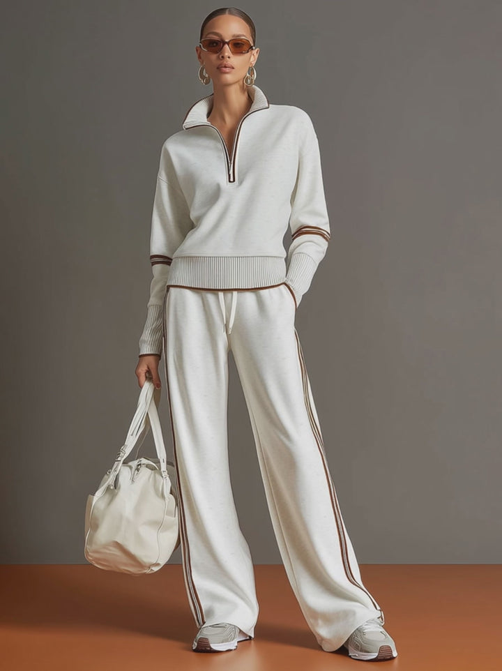 Half-Zip Sweatshirt & Wide-Leg Pants Set – Retro Sporty Webbing Two-Piece