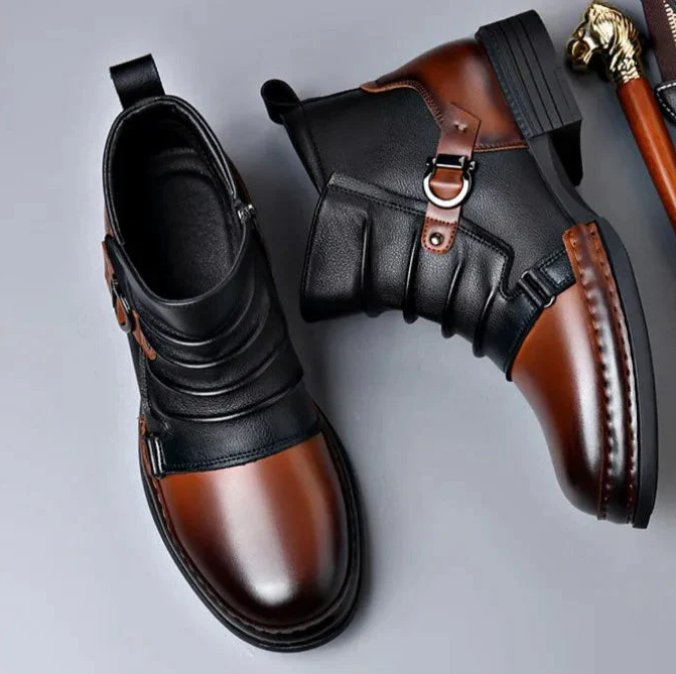 Men’s Genuine Leather Ankle Boots – Classic Buckle Strap Urban Style