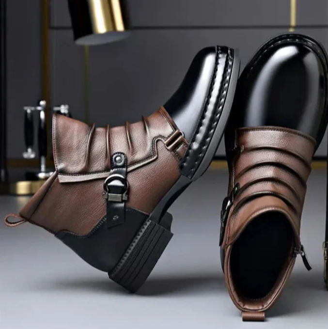 Men’s Genuine Leather Ankle Boots – Classic Buckle Strap Urban Style