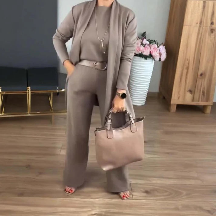 Elegant 3-Piece Lounge Set – Cardigan Top & Pants Outfit for Everyday Chic