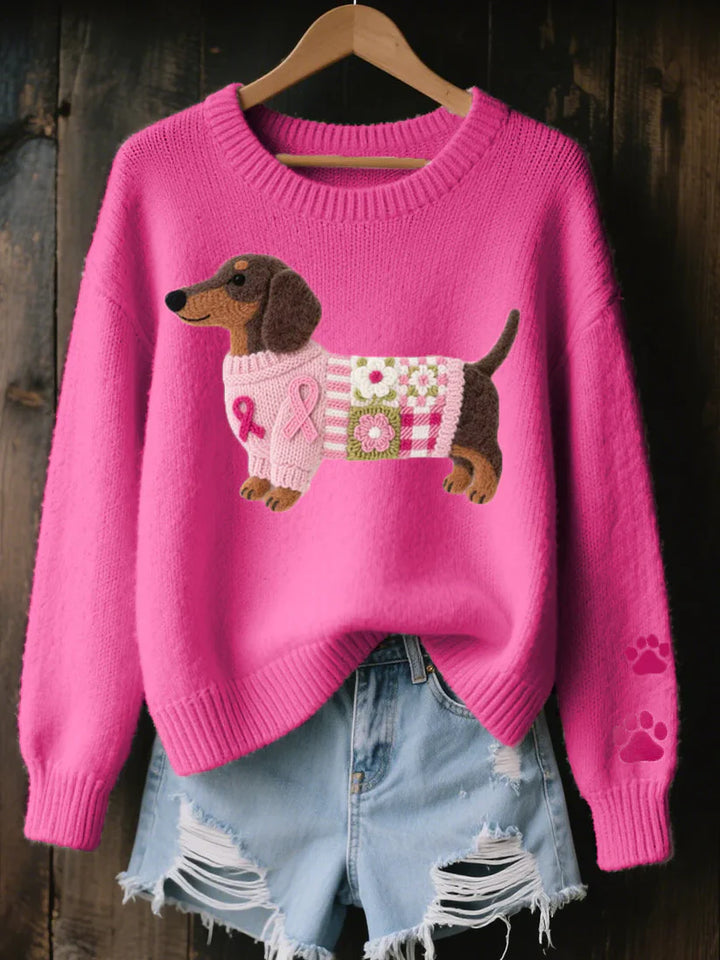 Knitted Sweater – Pink Puppy Graphic Cozy Crewneck Knit