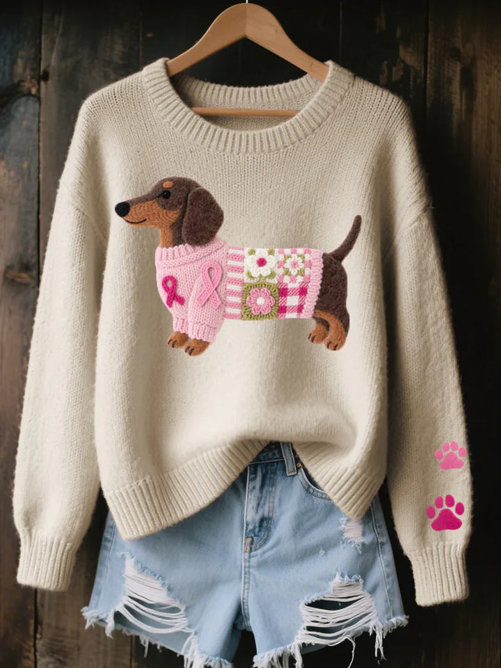 Knitted Sweater – Pink Puppy Graphic Cozy Crewneck Knit