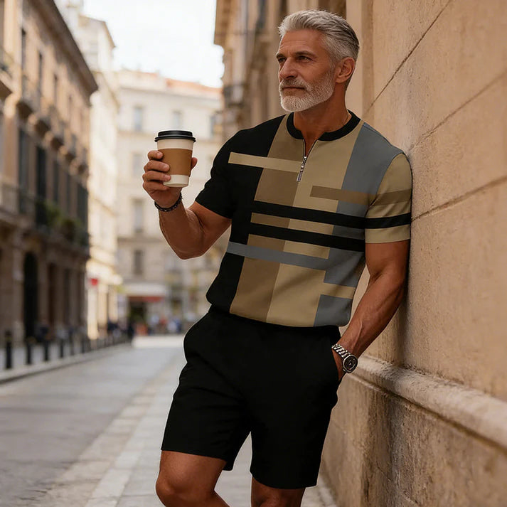 Men’s Quarter-Zip Shirt & Shorts Set – Modern Casual Summer Outfit