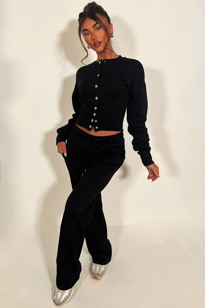 Button Up Corset Sweatshirt Co-Ord – Black Jogger Tracksuit Set