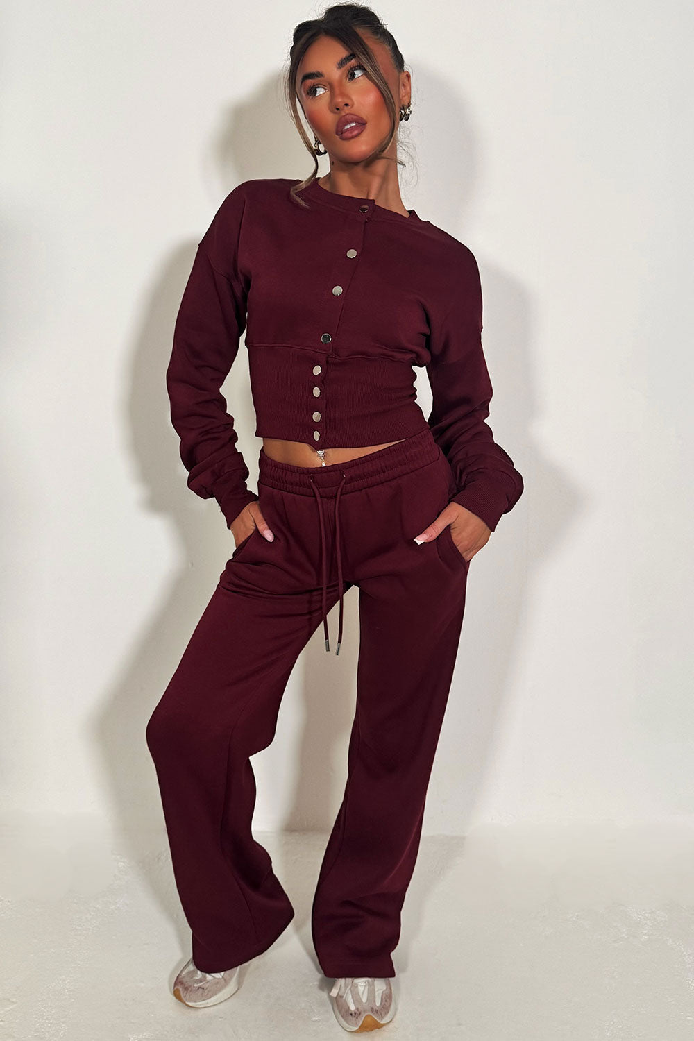 Button Up Corset Sweatshirt Co-Ord – Burgundy Jogger Tracksuit Set