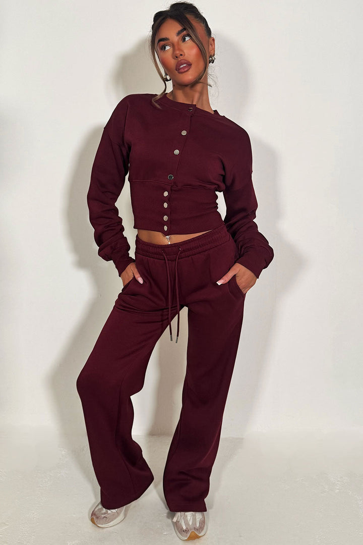Button Up Corset Sweatshirt Co-Ord – Burgundy Jogger Tracksuit Set