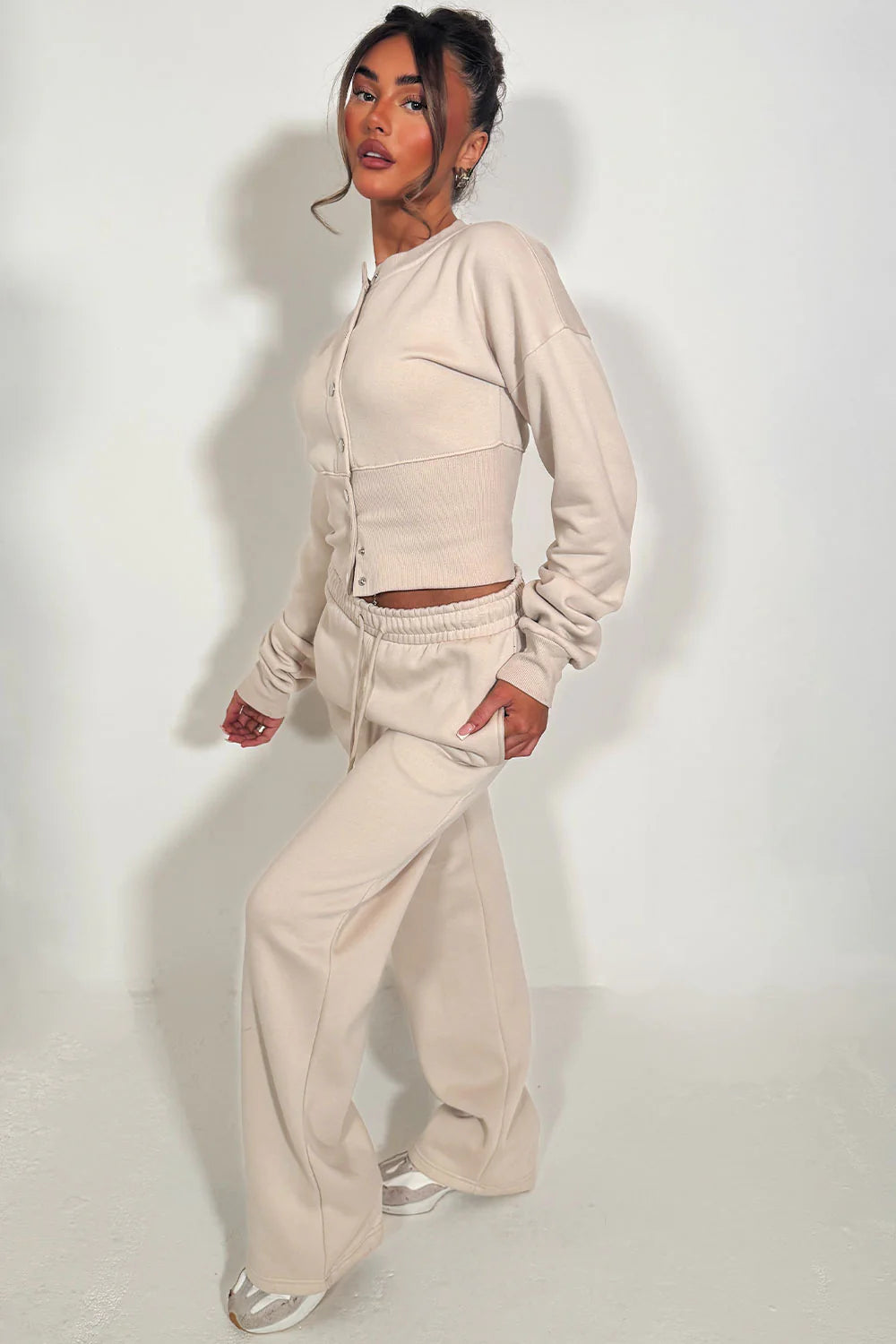 Button Up Corset Sweatshirt Co-Ord – Oatmeal Jogger Tracksuit Set