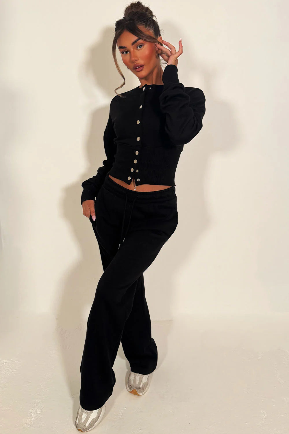 Button Up Corset Sweatshirt Co-Ord – Black Jogger Tracksuit Set