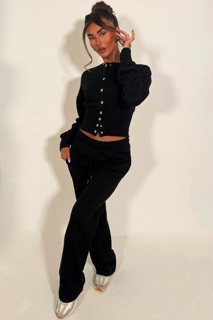 Button Up Corset Sweatshirt Co-Ord – Black Jogger Tracksuit Set
