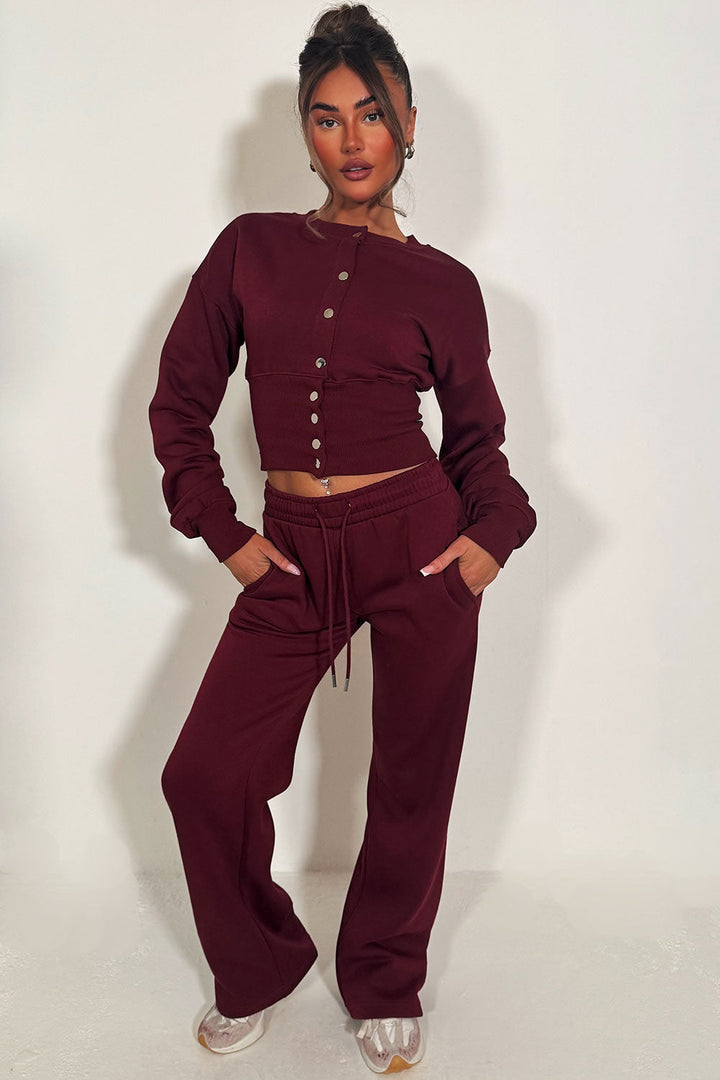 Button Up Corset Sweatshirt Co-Ord – Burgundy Jogger Tracksuit Set